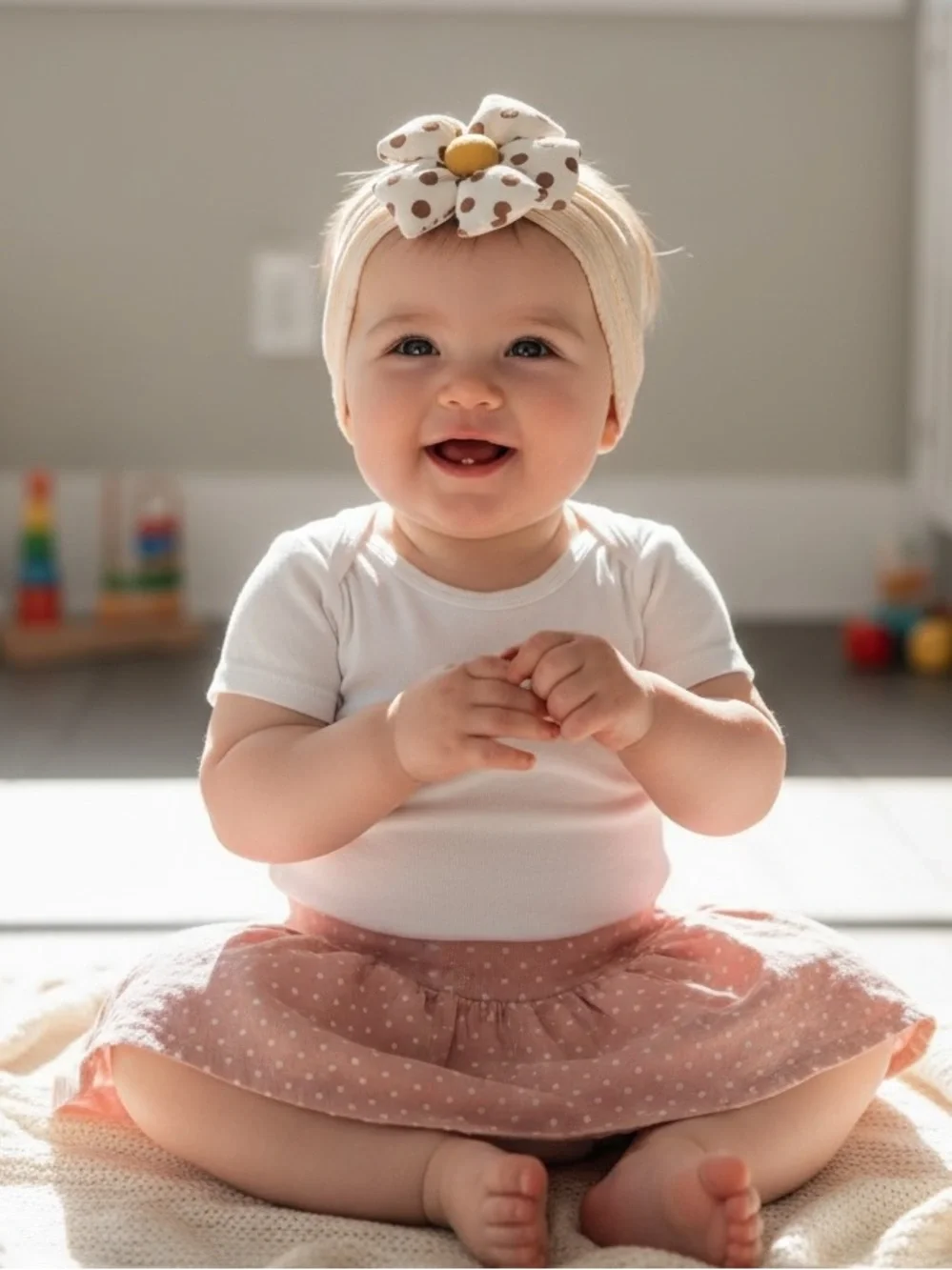 Neutral Polka Dot Flower Headband for Kids - Cream with Brown and Yellow Accent